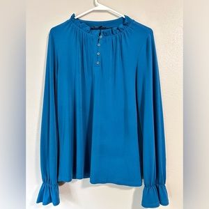 Adrianna Papell Womens Tunic Size Medium Ruffled Neck Turquoise Long Sleeve